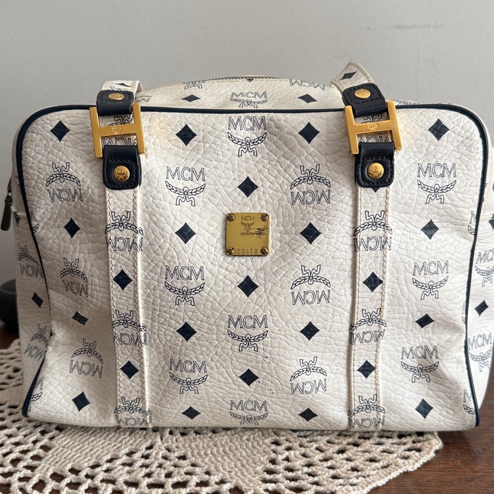 MCM Ivory and Ebony Logo Satchel